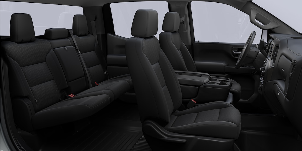 Acabado interior en tela color negro de tu Chevrolet Silverado Turbo 2025, camioneta de trabajo