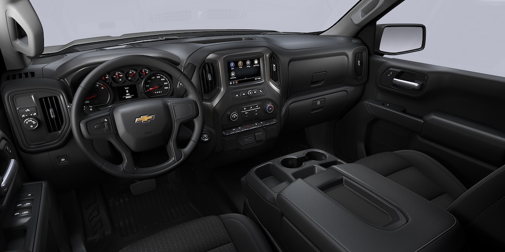 Acabado interior en tela color negro de tu Chevrolet Silverado Turbo 2025, camioneta de trabajo